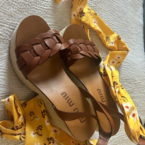 Miu Miu Espadrille Platform Wedges with Yellow Floral Scarf Ties - Picture 2 of 9